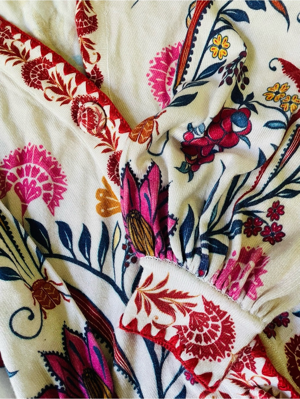 FARM Rio Ivory Cardigan with Red Trim and Pink Floral Accents - Picture 6 of 6